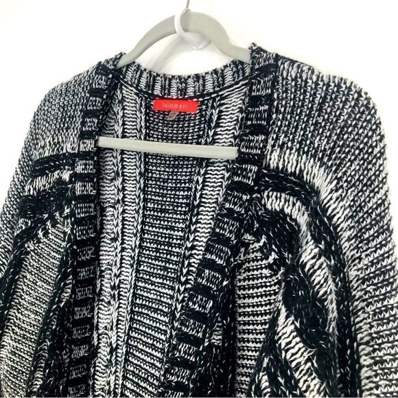 Lulumari Black White Open Front Thick Knit Cardigan Sweater Coat - Picture 3 of 16